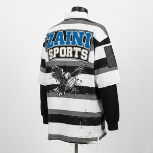 Maillot de rugby pour homme en jersey de coton lourd 240 GSM, design à panneaux rayés noir et blanc, broderie, impression de logo personnalisé, évacuation de l'humidité - Product Image 5