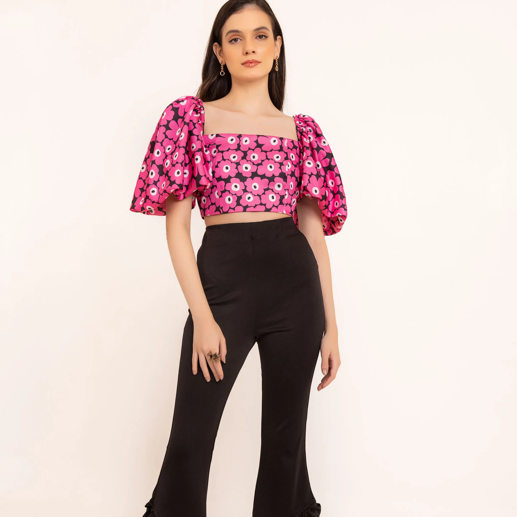 Nieuw Binnen Hete Roze Bloemenvolume Korte Mouwen Zomer Crop Top Zomer En Lente Kleding Voor Dames En Meisje Tegen Groothandelsprijs