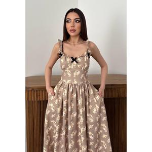 Vestido Floral Marrón con Lazo Frontal - Marrón - Product Image 3