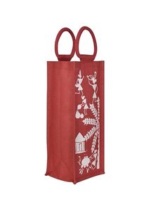 Bolso de mano ecológico para mujer con estampado especial Warli Soporte para botella de agua de 2 litros Cierre abierto Estilo cabaña en color rojo - Product Image 3