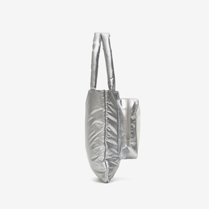 Fashion Waterproof Nylon Metallic Silver Cosmetic Tote <b>Bag</b> with Rope Handle Open Top <b>Clear</b> Window Panel Customizable Color Logo - Product Image 3