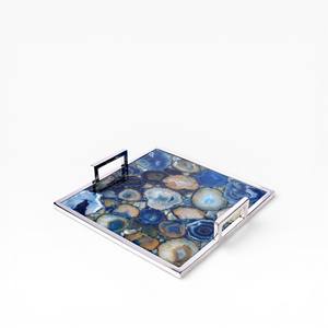 Square Natural Blue Agate Stone Serving Tray with Polished <b>Crystal</b> Tiles and Sleek Silver Metal Handles - Product Image 1