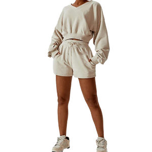 Conjuntos Deportivos de Invierno para Mujer, Logotipo Personalizado, Ropa Deportiva de Algodón de Alta Calidad para Gimnasio, Sudadera con Capucha y Pantalones Cortos, Conjunto de 2 Piezas, Chándal Moderno - Product Image 2