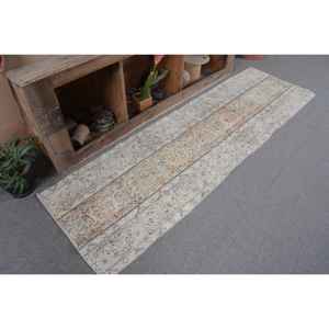 Tapis en laine turque vintage de 2.3x7,5 pieds, tissage à plat en patchwork beige et bleu pour les décorations de salon avec support en latex - Product Image 5