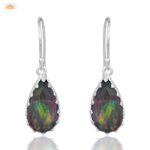 Trendy Aurora Opal <b>Red</b> Green Pear Shape 925 Sterling Silver Wedding Earrings Handmade Designer Earrings - Product Image 1