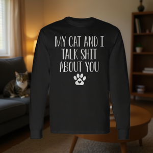 T-shirt à manches longues « Mon chat et moi parlons de vous », cadeau pour les amoureux des animaux, nouveauté, imprimé en sérigraphie - Product Image 3