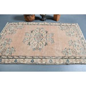 Tapis en laine turque vintage de 4.5x7.5 pieds Patchwork beige et bleu tissage plat pour décorations de salon avec support en latex - Product Image 3