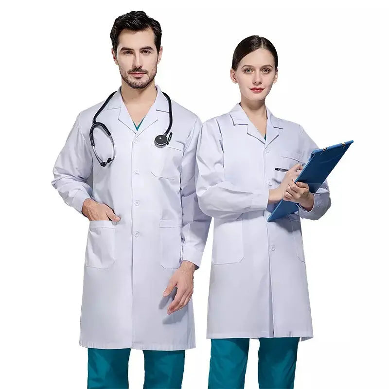 新しいデザインの女性男性病院制服看護スクラブトップヘルスケアドクターホワイトラボコート