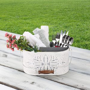 Caddy décoratif en métal avec motif floral en blanc fini avec compartiments séparés pour ustensiles de cuisine best-seller - Product Image 4