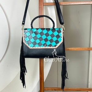 Célèbre élégant créateur de mode motif à carreaux usiné à la main en cuir frange sacs à main pour femmes en cuir véritable sacs à bandoulière - Product Image 1