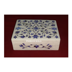 Fabriqué en marbre blanc indien bleu nacre incrusté boîte à bijoux forme Rectangle couleur bleue meilleure qualité utilisée pour la décoration intérieure - Product Image 1