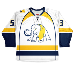 Camiseta de hockey sobre hielo personalizada, blanca, amarilla, azul marino, con logotipo de Mammoth, manga larga, para hombre, ropa deportiva que absorbe la humedad - Product Image 1