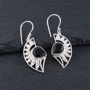 Women’s 925 Sterling Silver Bohemian Drop <b>Earrings</b> Geometric Pattern <b>Black</b> Onyx Bezel Set Handmade <b>Dangle</b> <b>Earrings</b> Everyday - Product Image 2
