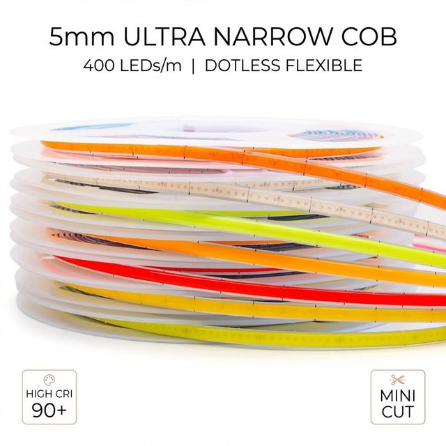 DC5V 12V 24V 5mm COB LED Strip Light 400LEDs/m Dotless CRI90 Mini Cut Ultra Narrow Flexible Tape for Cabinet Signage