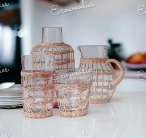 Natural Rattan Cups Sleeve Seagrass Wood Cup Covers <b>Mug</b> <b>Holder</b> Weaving Bottle Cover Rattan Woven Design Jug Cover Set of 4 - Product Image 2