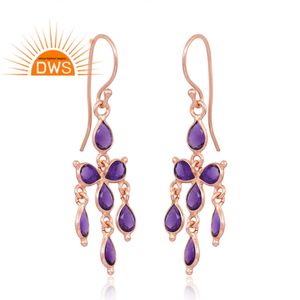 Boucles d'oreilles pendantes en argent sterling 925 plaqué or rose 18 carats avec améthyste naturelle, bijoux demi-fins pour femmes, personnalisés en Inde - Product Image 3