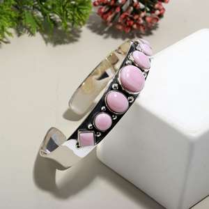 หอยสังข์อัญมณีสีชมพูธรรมชาติกำไลข้อมือสำหรับผู้หญิง925สีเงินสเตอลิงเครื่องประดับงานแต่งงานเจ้าสาวสีเงินเม็กซิกัน Navajo - Product Image 2