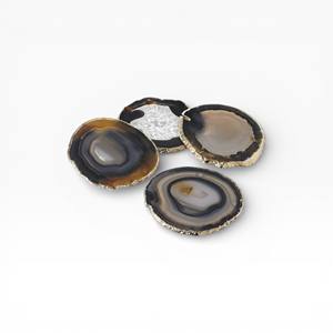 Blue Grey Agate Stone <b>Coasters</b> with Layered Bands Natural <b>Crystal</b> Formation and Hand Polished Gold Edges - Product Image 4