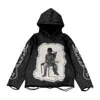 Primavera moda de gran tamaño pesado lavado ácido Hip Hop Vintage apenado bordado parche Rhinestone Sudadera con capucha de gran tamaño
