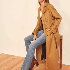 Abrigo largo de mujer con solapa cruzada y botones de cristal, tejido, moderno, bordado, teñido liso, cortavientos y transpirable - Product Image 3