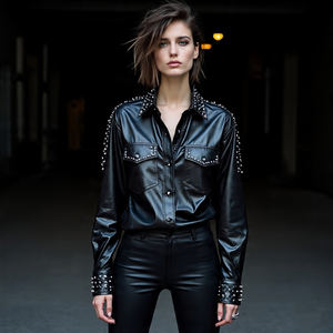 เสื้อหนังแท้ติดหมุดสีเงินสำหรับผู้หญิงเสื้อสตรีทแวร์ระบายอากาศได้ดีมีกระดุมกระเป๋าสองกระเป๋าด้านหน้ากันลมสำหรับฤดูหนาว - Product Image 5