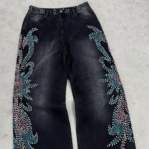 Jean en denim taille haute à jambe large avec broderie florale à sequins, style streetwear, en coton délavé, coupe ample, pour l'automne - Product Image 1