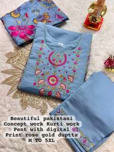 Pantalón Kurti Dupatta de muselina suave pura tradicional india de última tendencia de diseño moderno bordado a mano pesado trabajo - Product Image 5