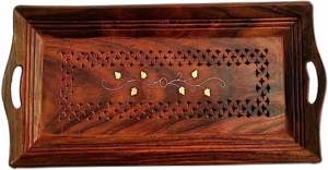 Bandeja DE SERVICIO DE MADERA multiusos con trabajo de latón, platos de servicio para fiestas, comida y té Bandejas decorativas de madera para café - Product Image 4