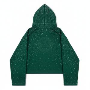Sweat-shirt court à capuche zippé unisexe vert personnalisé avec strass, streetwear, coton lourd, faible MOQ, vierge - Product Image 3