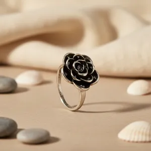 Women's Trendy 925 Silver Rose <b>Ring</b> with Black Enamel Flower Inlay Comfortable Fit Jewelry - Product Image 1