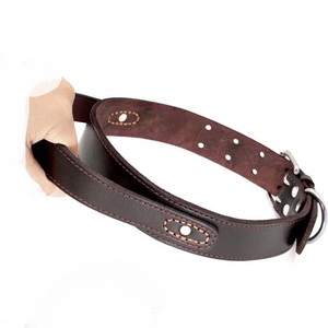 Collar de cuero pesado para perro, Material de calidad, bien construido, cosido fuerte, con mango y hebilla de doble pin chapada en níquel sólido - Product Image 3
