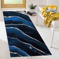 Tapis en laine patchwork bleu marine - Tapis d'intérieur de luxe écologique traditionnel pour bureau avec envers en latex et poils moyens
