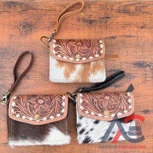 Monedero pequeño de cuero mecanizado a mano de calidad Premium, monedero occidental para pelo en cuero de vaca, Mini billetera multiusos para mujer - Product Image 1
