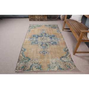 Alfombra Vintage de 3.8x7 pies, Alfombra Turca con Diseño Floral Azul - Product Image 3