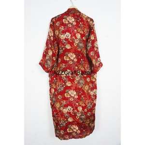 Robe longue bohème en patchwork de sari en soie 100% faite à la main pour femmes, col en V, cordon de serrage, manches longues, douce, automne été - Product Image 5