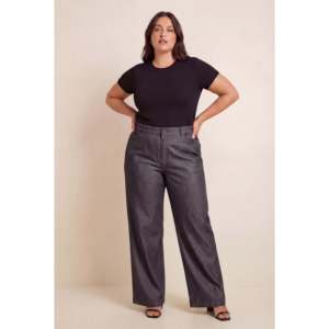 Pantalon en tissu pour femme grande taille avec taille élastique et aspect denim, noir - Product Image 2