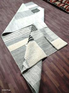 Modern Geometric Wool <b>Rug</b> | High Low Texture Knotted Area Carpet | Grey Cream Abstract Handmade <b>Rug</b> | Living Room Bedroom Decor - Product Image 4