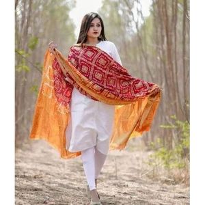 Châle ethnique en satin brodé Gharchola Bandhej de haute qualité, multicolore, en soie et dentelle bleue, idéal pour la saison hivernale - Product Image 5