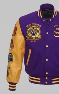 Purple Winter Varsity Bomber Jacket <b>Gold</b> Yellow Polyester Sleeves Stand Collar 100% Cotton | Hooded Classic Letterman Front - Product Image 5