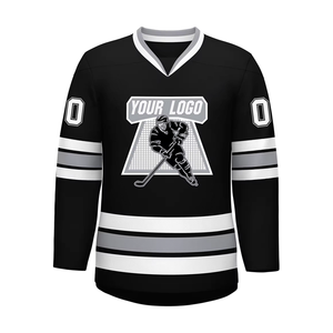 Maillot de hockey sur glace personnalisé bleu ciel, rayures rouges et blanches, col en V, logo des équipes sublimé, sans manches, unisexe, confortable, 100% polyester - Product Image 4