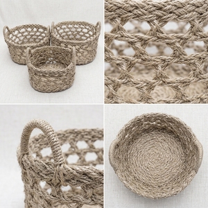 Ensemble de paniers de rangement modernes en jonc de mer naturel, écologiques, avec poignée en treillis ouvert, plateau de table pour plantes, décoration artistique pure pour la pièce - Product Image 3