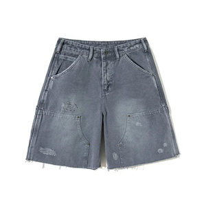 Short en jean gris vieilli en gros Short en jean déchiré à double genou personnalisé pour hommes - Product Image 1