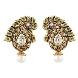 Kriaa Kundan Meenakari Boucles d'oreilles pendantes plaquées or antique 1301904 Bijoux de manchette fine - Product Image 1