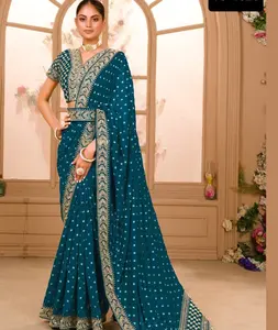 インドのデザイナーウェディングウェアコレクションサリとバングローリーシルク刺Embroideryワークレースボーダーブラウス安い価格インドのドレス