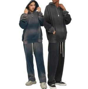 100% algodón 2 piezas Jogger Sweatsuit Streetwear Tech Fleece en relieve lavado ácido Stone Wash 3D impreso Sudadera con capucha chándal bolsillos - Product Image 2