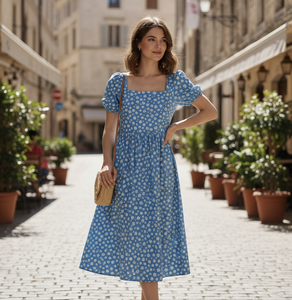 Vestido Midi Azul con Estampado Floral para Mujer, Cuello Cuadrado, Manga Abullonada, Corte en A, Informal, de Verano, de Algodón, OEM, ODM - Product Image 1