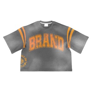 Camiseta de algodón gris vintage para mujer con lavado ácido, 180 GSM, con panel de manga de doble raya naranja y estampado de logo desgastado - Product Image 1