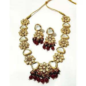 Red & Gold Toned Meenakari Kundan Necklace Set Zircon Fine Jewelry for Wedding Gift Gold Plated Stainless Steel Includes Ring - Product Image 2