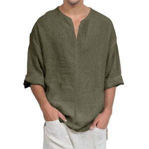 T-shirt à manches longues en coton et lin pour homme, décontracté, uni, léger, respirant, confortable, hauts de mode masculine - Product Image 1