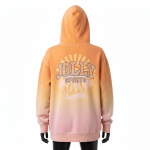Sweat à capuche pour femme de haute qualité 320 GSM, en molleton de coton confortable, dégradé orange-rose, effet délavé soleil, impression de logo personnalisé, style urbain, lavage décontracté - Product Image 2